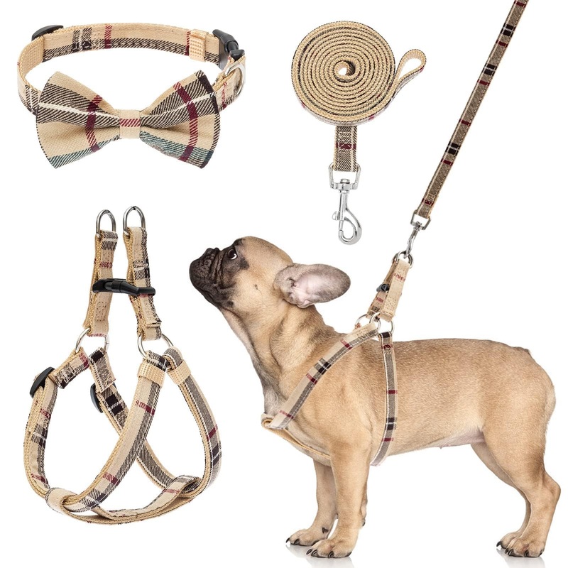 BINGPET Dog Harness Collar Leash Set,Adjustable No Pull Escape Proof Small Dog Harness,Classic Plaid Puppy Harness and Leash Set for Small Medium Large Dogs Training Easy Walk Running(Beige,S) S(Chest Girth:14.9”-20.9”) Beige