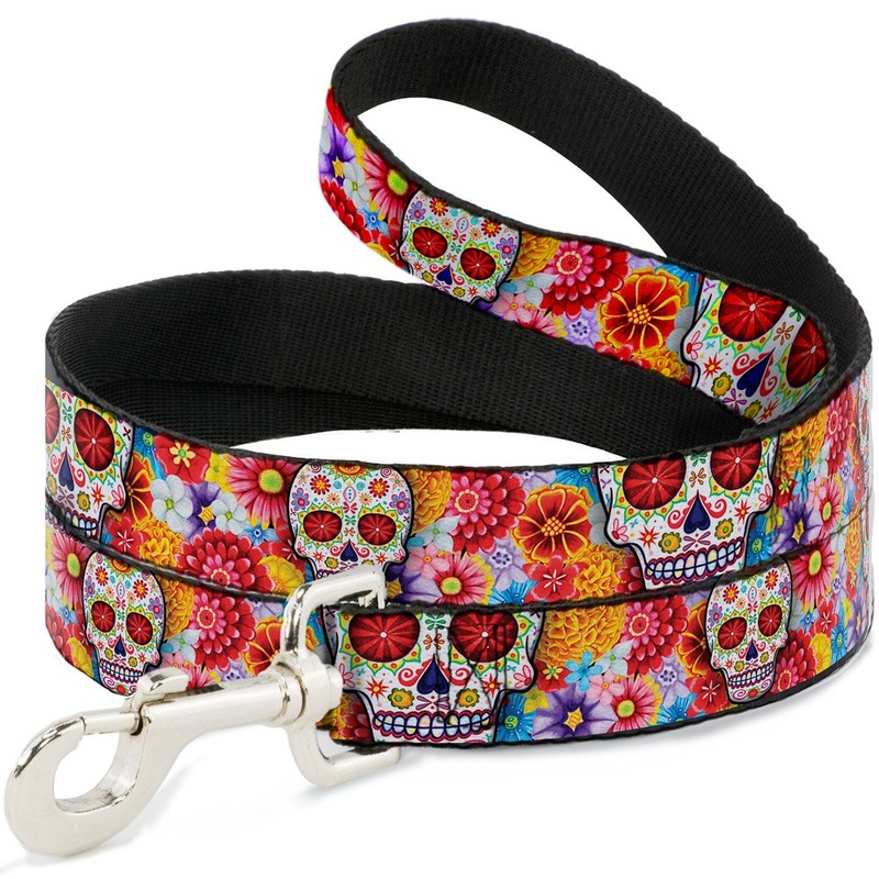 Buckle-Down Pet Leash – Sugar Skull Starburst White/Multi Color – 4 Feet Long – 1.5″ Wide