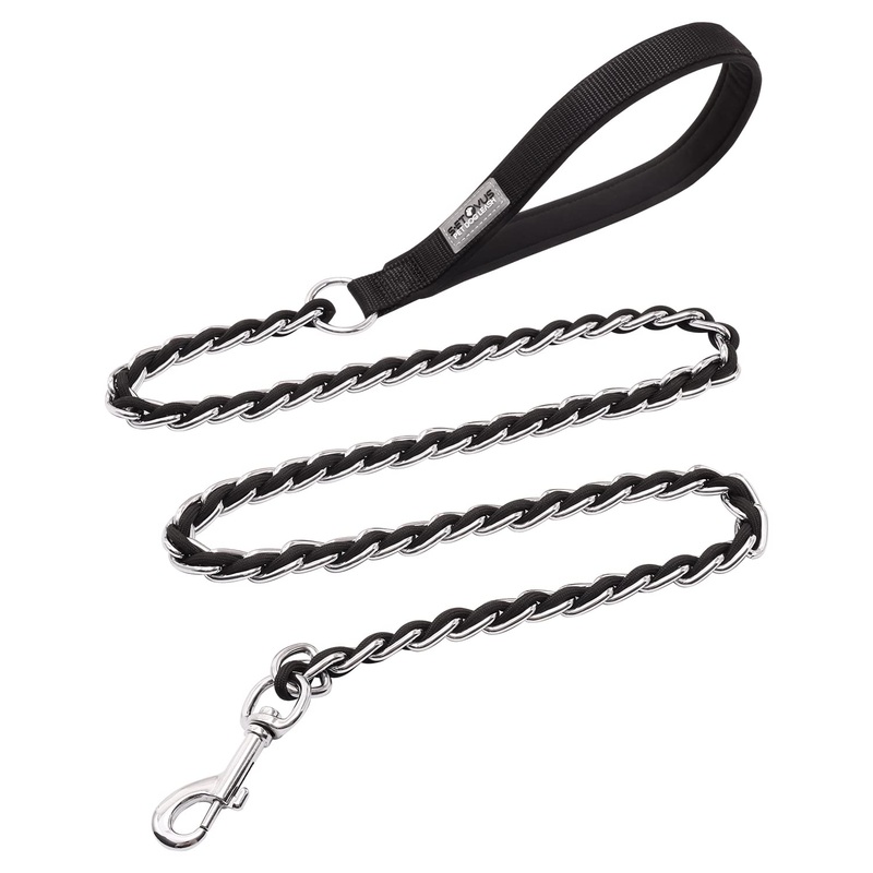 Chew Proof Metal Leash Chain Dog Leash for Medium Large Dogs, Chain Link Dog Leash Anti Chew 4FT Strong Anti Bite Dog Leash Comfortable Soft Padded Handle black 4FT(30-80lb