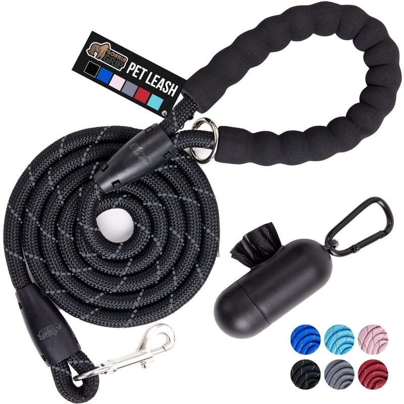 Gorilla Grip Heavy Duty Dog Leash, Soft Handle, Strong Reflective Rope for Night Pet Walking Small Medium Large Animals, Durable Puppy Training Leashes, Rotating Metal Clip, Waste Bag Dispenser, Black 5 Feet x 1/3 Inch
