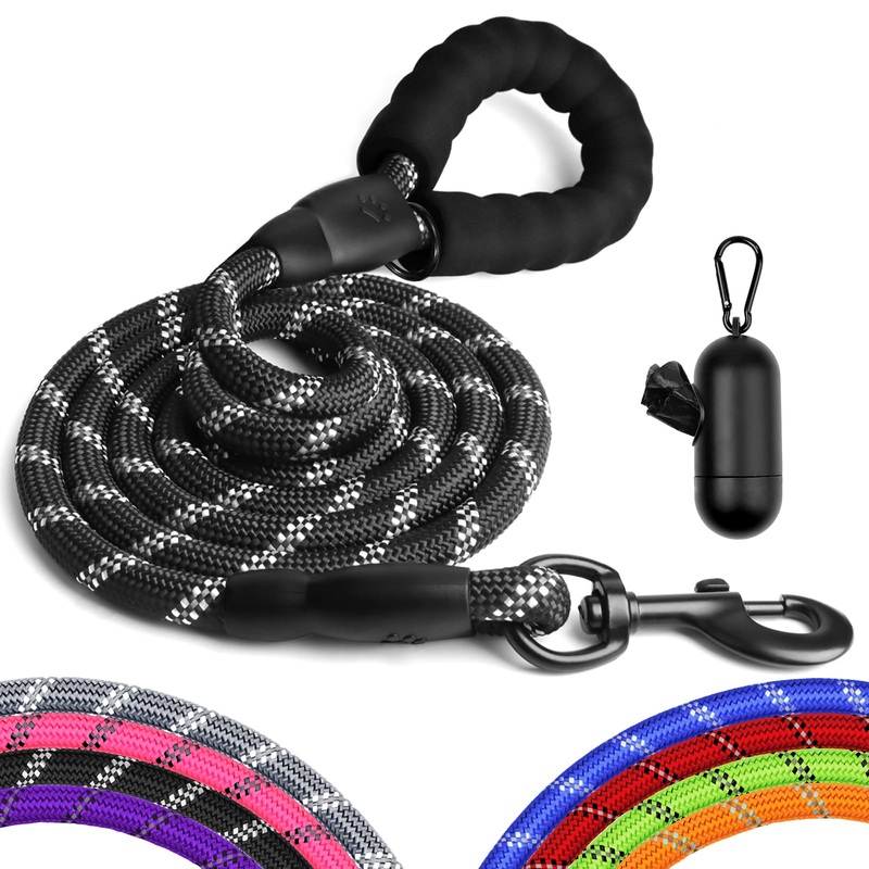 Heavy Duty Dog Leash for Large Medium Small Breed Dogs, Reflective Rope dog leashes with Comfortable Handle,4/5/6 FT Pet Puppy Leash for Night Walking with Poop Bag Holder,Black,1/2 inch Chic Black 6FTx1/2 Inch