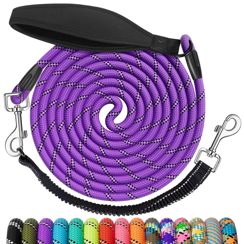 NTR Long Lead, Dog Training Lead with Upgrade Swivel Lockable Hook & Ergonomic Padded Handle, Reflective Bungee Cute Dog Leash, Purple, 10ft*3/8” 10ft*3/8″