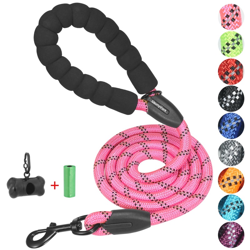 Rope Dog Leash 5 FT for Medium and Large Dogs,Heavy Duty Dog Rope with Comfortable Padded Handle,Waterproof Dog Leash for Walking,Reflective Nylon Dog Leash,Pink Pink 1/2″ x 5 FT