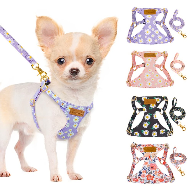 SlowTon No Pull Dog Harness with Leash – Soft Lightweight Floral Pattern Puppy Harness, Adjustable Pet Harness for Small Medium Dogs Doggie (Purple XS) X-Small(4.5-11lb) Purple