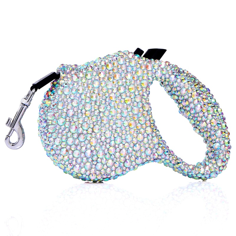 Sparkling Retractable Dog Leash,Rhinestone Pet Walking Leash for Small Medium Dog Cat,Bling Small Puppy leash,Durable 16 ft Strong Nylon Tape,360Tangle-Free,One-Handed Brake, Pause, Lock
