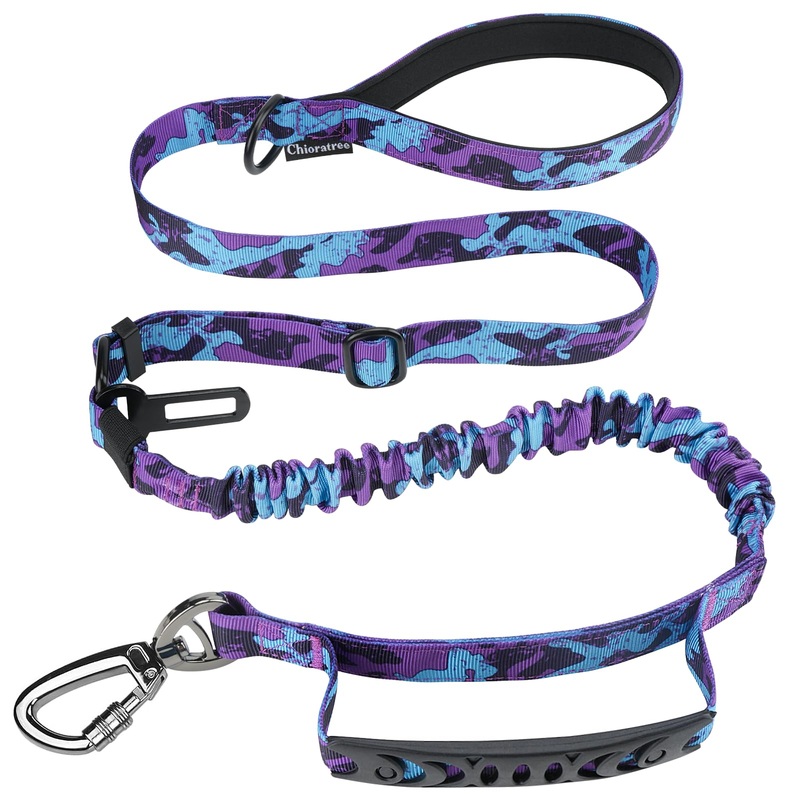 Tactical Dog Leash Heavy Duty, 4-6FT Shock Absorbing Bungee Dog Leash, Strong No Pull Military Dog Leash with 2 Control Handles and Car Seatbelt for Medium Large Dogs, Purple Camo