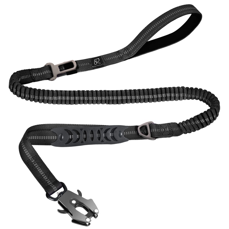 Tactical Heavy Duty Bungee Dog Leash for Medium Large Dogs That Pull, Raipult Military K9 Working Lead, 4-6FT Shock Absorbing Frog Clip Dog leashes with Padded Traffic Handle & Car Seatbelt, Black Aviation aluminum