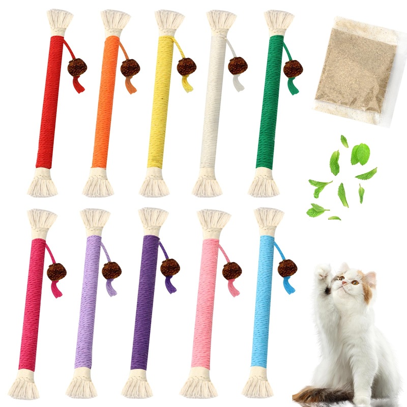 10PCS Sisal Rope Cat Toys, Catnip Toys for Cats 7.87″, Cat Chew Toy for Teeth Cleaning, Cat Toys for Indoor Cats, Interactive Cat Toy for Cats Kittens All Breeds (Plus 1 Pack of Catnip) 10pack