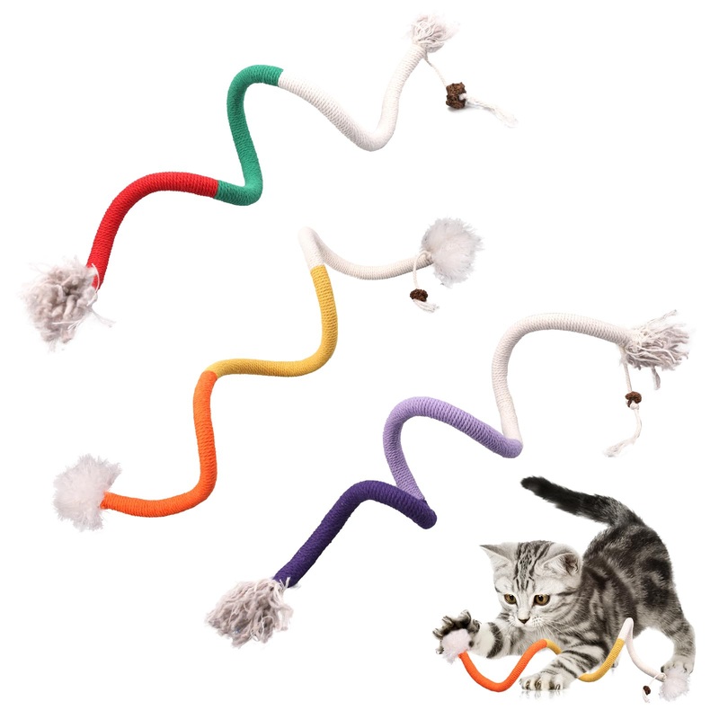 3pcs Bent Cat Cotton Ropes, 27.56 Inch Long Cat Rope Toys Interactive Cat Chew Toys Kittens Dental Toys for Teeth Cleaning Cat Kick Toys for Indoor Pets (1 Upgraded Style + 2 Regular Style)