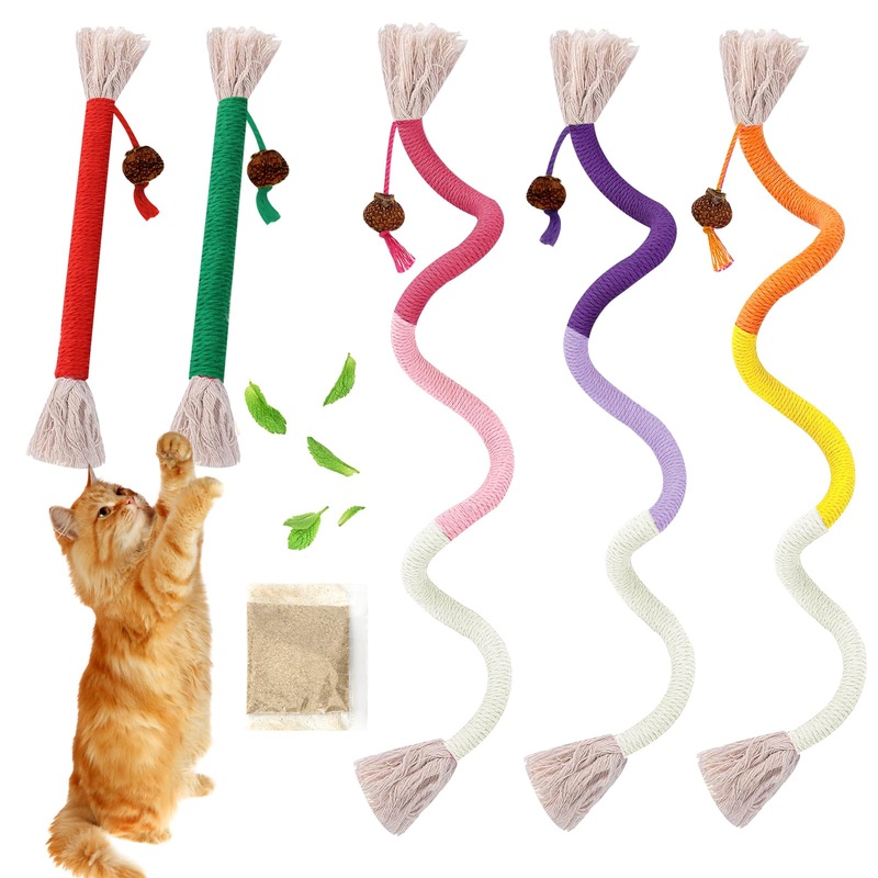 5 PCS Cat Chew Toy, Catnip Toys for Cats, Sisal Rope Cat Toys, for Teeth Cleaning, Cat Toys for Bored Indoor Adult Cats, Interactive Cat Toys for Indoor Cats (Plus 1 Pack of Catnip) 5pack