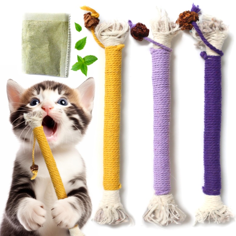 7.87 inches Cat Chew Toy for Teeth Cleaning, Catnip Rope Toys for Indoor Cats, Interactive Cat Nip Teething Toys for Cats Kittens Kitty, 3 Pack (Plus 1 pack of Catnip) Small 3 Pack