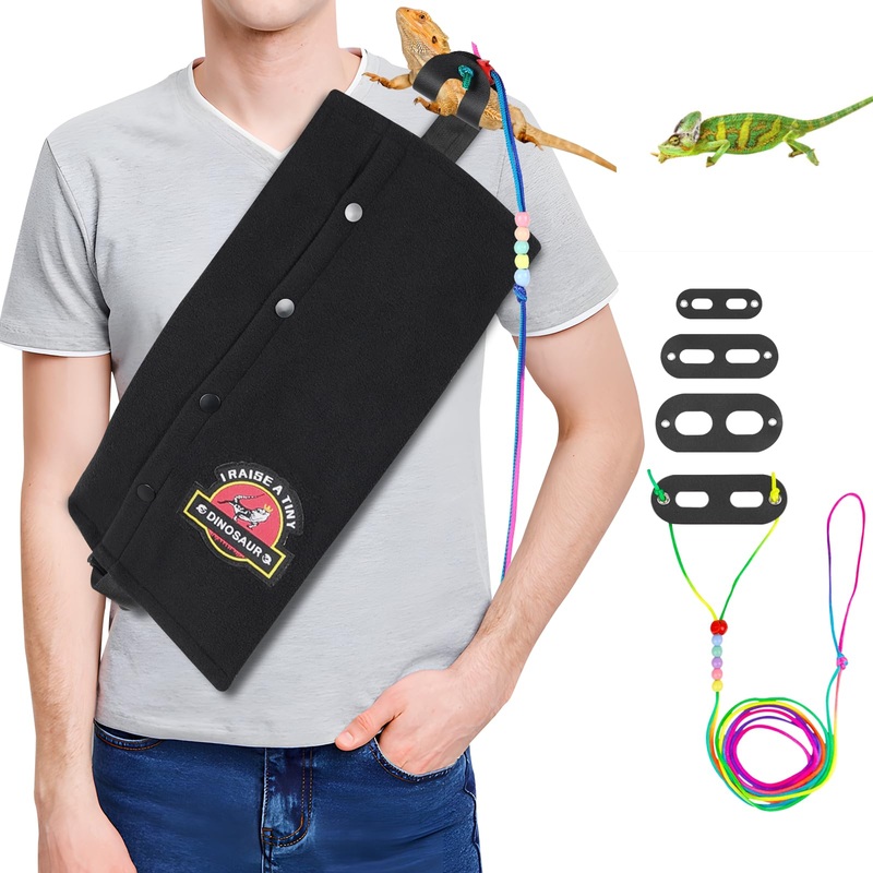 Bearded Dragon Sling Carrier with Leash & Harness Set, Small pet Adjustable Harness and Sling Bag, Beardie Backpack for Outdoor Travel Walking Rest to Safe Prevent Falling Black