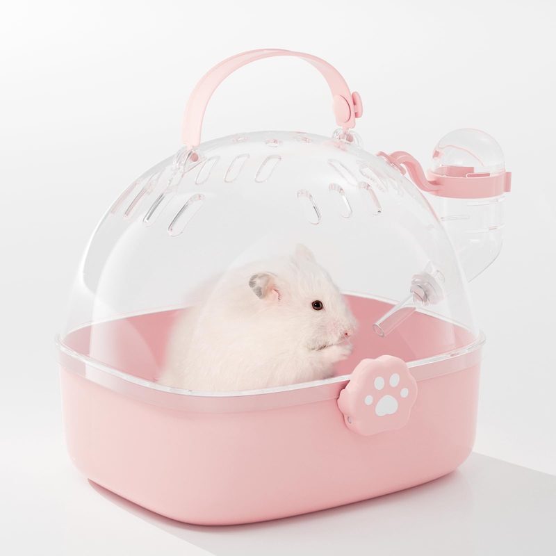 BUCATSTATE Small Animal Carrier Cage with Water Bottle, Portable Hamster Travel Carrier Carry Case 7.24″ L*6.69 W *6.42″ H for Small Pets, Gerbils, Mice, Dwarf Hamster (Pink) Pink