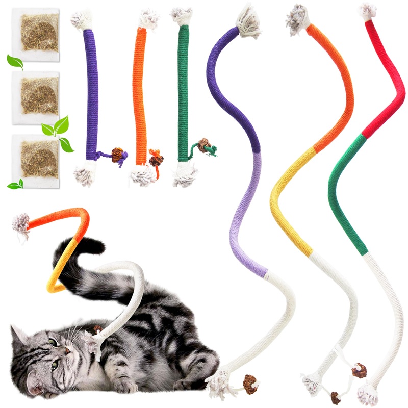 Cat Chew Toys 6PCS Sisal Ropes Plus 3 Bags of Catnip, Toys for Indoor Cats Teeth Cleaning Toys for Kitten, Bite Resistant Catnip Toys Interactive Cat Nip Kitty Kicker Toys for All Breeds