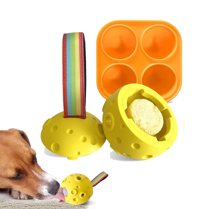 Dog Chew Toys,Treat Tray for Frozen Dog Food,Long-Lasting Durable Fillable Dog Treat Dispensing Dog Toy,Freezable Fillable Rubber Dog Toys with Silicone Treat Tray (Yellow&Treat Mold) Yellow&Treat Mold