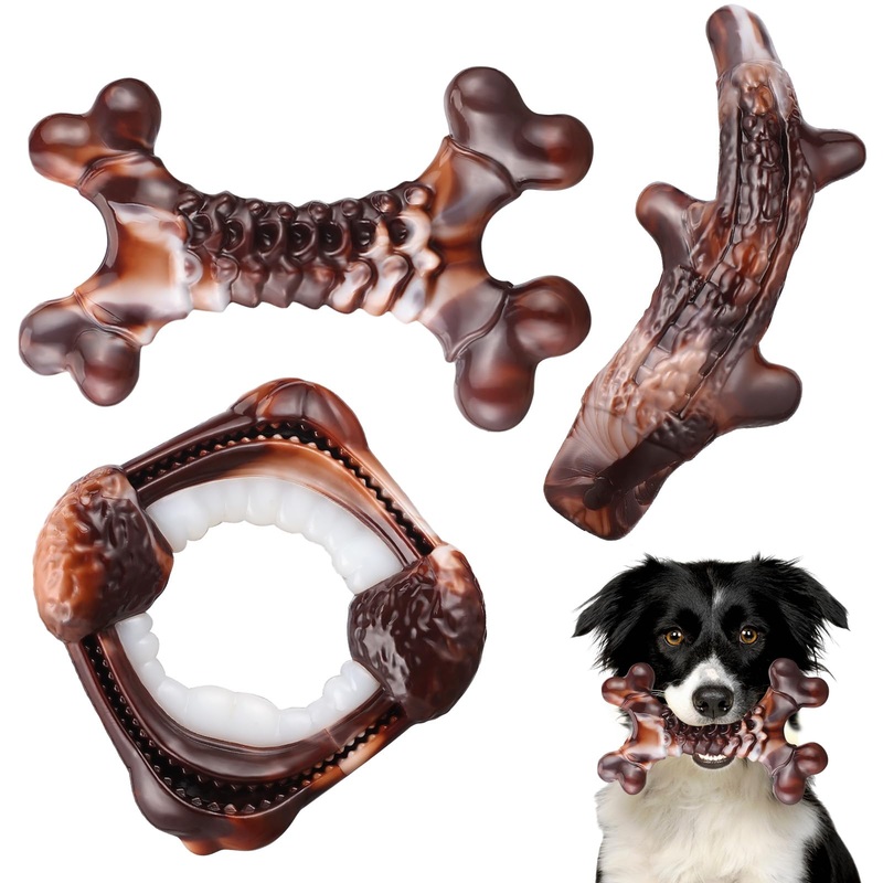 Dog Toys, 3-Pack Indestructible Dog Chew Toys for Aggressive Chewers, Nylon Durable Dog Toys for Medium Large Breed, Bacon Flavored Tough Dog Bones Chew Toys for Super Chewer Dentalbone