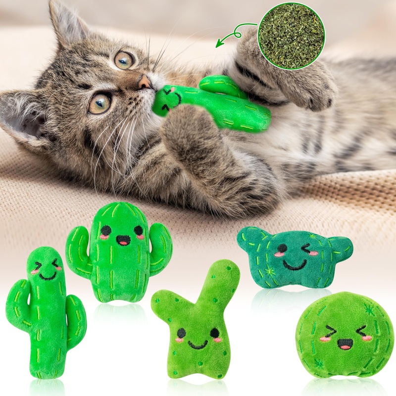 MALLMALL6 Catnip Toys for Cat – 5Pcs Cactus Prickly Plants Catmint Interactive Cat Toy for Indoor Cats, Soft Plush Green Cat Supplies, Kitten Teething Chew Toy Set, Cute Pet Gifts for Cat Lover