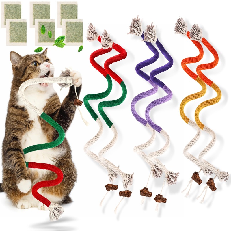 Sisal Rope Cat Toys, 6 Pcs Cat Chew Toy for Teeth Cleaning, 27.56 Inches Big Catnip Rope Toys for Indoor Cats, Interactive Cat Nip Teething Toys, Safe Chew Cat Toys (6 Bags of Catnip Included)