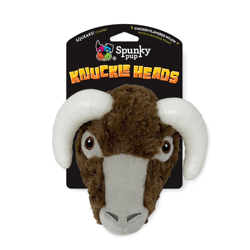 Spunky pup Knucklehead Durable Dog Toy – 2-in-1 Plush & Chew Toy for Aggressive Chewers, Chicken-Flavored Dental Chew, Durable Double-Stitched Squeaker- Ram
