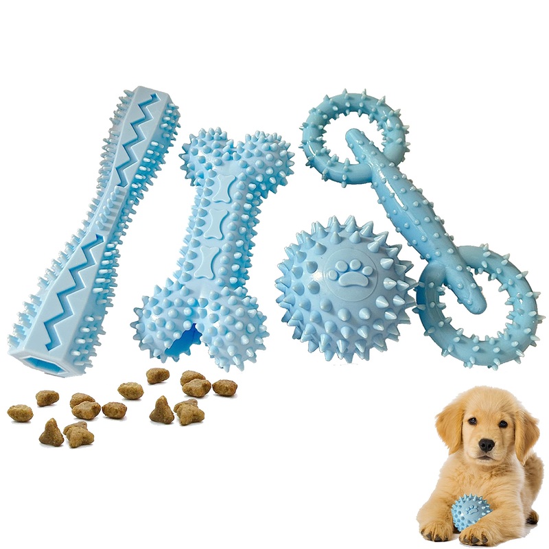 4 Pack Puppy Toys for 2-8 Months Teething Pets Dog Chew Toy Puppies Teeth Cleaning Toy Food Dispensing Soft Rubber Bone Funny Ball Interactive Donut Treat Dumbbell for Small Medium Dogs Blue