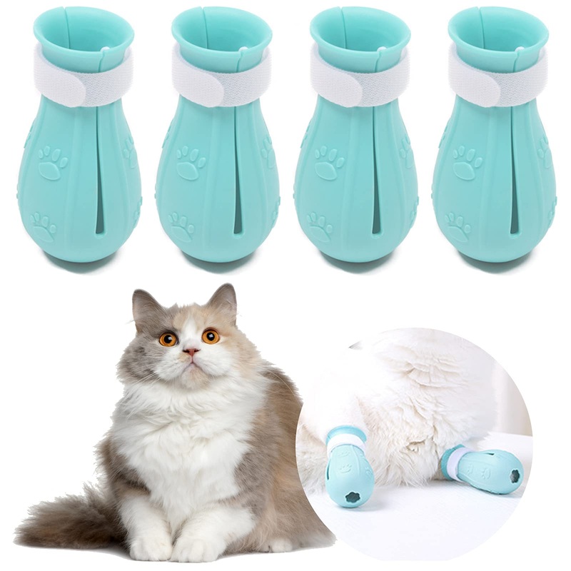 4Pcs Cat Boots for Cats Only Paw Covers Protectors Claws Shoes Paws Wound Boot Silicon Anti Scratch Cat Mittens for Bathing, Nail Clipping, Ears Cleaning, Treatment (Light Blue) Light Blue
