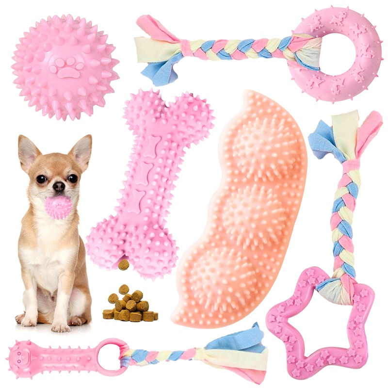 6 Pack Puppy Chew Toys for Teething – Cute Pink Soft Rubber Rope Balls for Small Dogs, Yorkies – Fun Bones Clean Teeth S