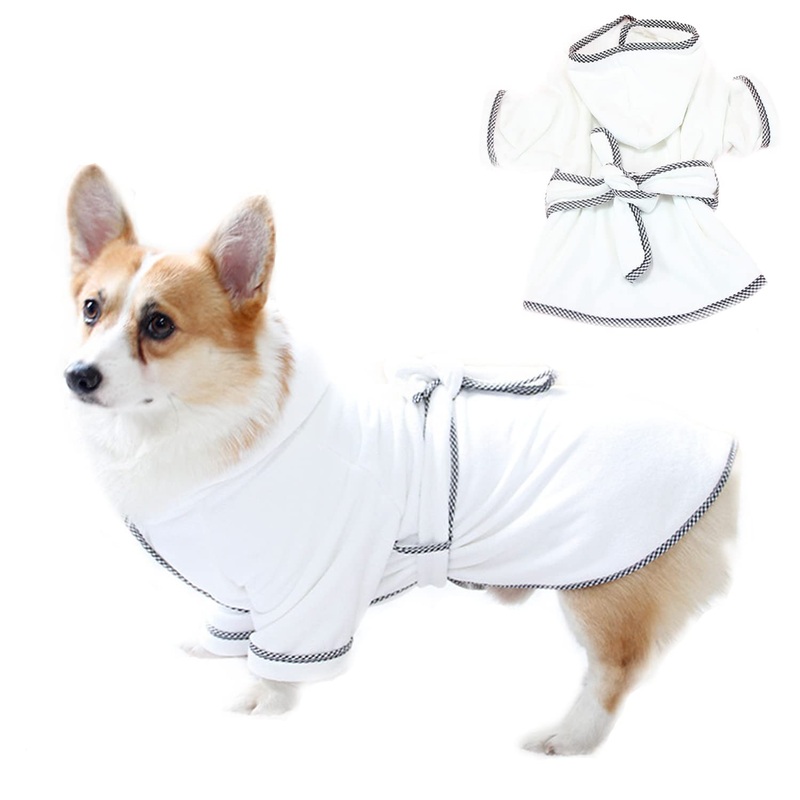 Dog Bathrobe, Microfiber Fast Drying Absorbent Hooded Bath Towel White for Puppy Small Medium Large Dog Cat (L, White) L:25-40LB (1st Generation)