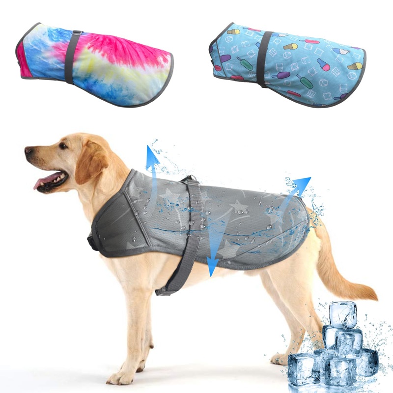 Dog Clothes Summer Cool Down, 3 Layers Special Water Cooling Materials, Reversible, Wet Reveal, Reflective Dog Cooling Vest Dog Coat, Having Dog Harness Hole for Small Medium Large Dog Ice Cream