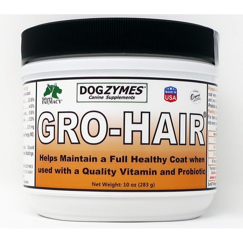 Dogzymes Gro-Hair for length of coat or feathering, fast coat growth or when sparse coat and/or bald spots need to fill in.