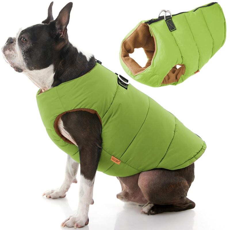 Gooby Padded Vest Dog Jacket – Solid Green, Small – Warm Zip Up Dog Vest Fleece Jacket with Dual D Ring Leash – Water Resistant Small Dog Sweater – Dog Clothes for Small Dogs and Medium Dogs Small Chest (16″) Green Solid 1