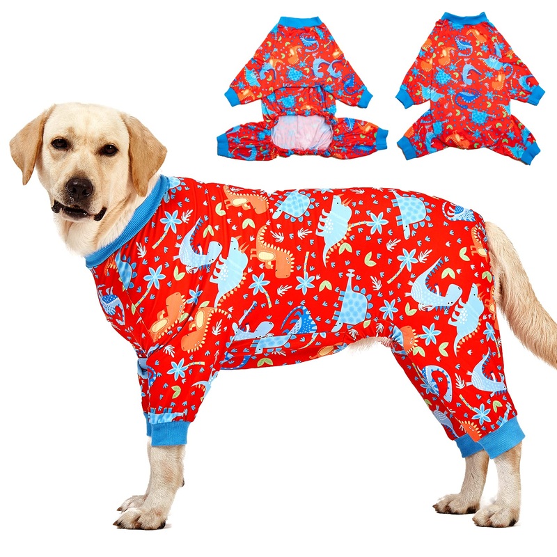 LovinPet Pitbull Dog Pajamas, Large Dog Onesies for Surgery/Wound Care, Lightweight Stretchy Knit Fabric, Dinosaur Jungle Red Print Dog Pj’s UV Protection, Pet Anxiety Relief, Dog Costume/XL X-Large Red/Blue Update