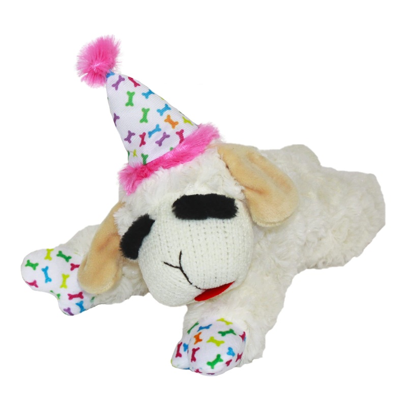 Multipet Lamb Chop Dog Toy with Birthday Hat, Pink, 10.5″ 1 Count (Pack of 1)