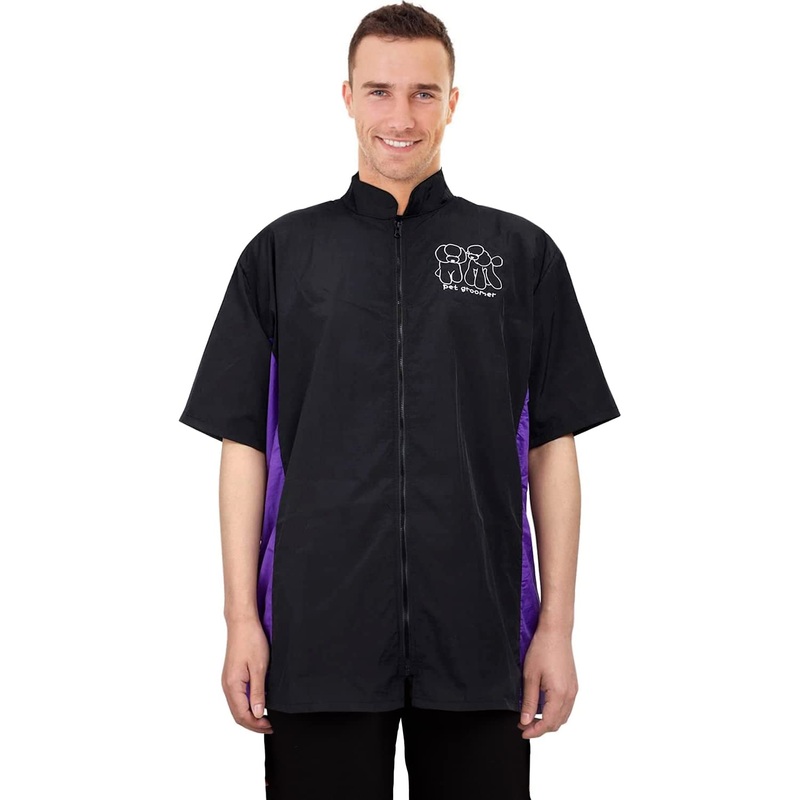 Noverlife Short Sleeves Pet Grooming Workwear with Full Zipper, 3XL Size, Anti-Static Pet Beautician Smock, Lightweight Pet Groomer Cosmetologist Uniforms Style Dog Cat Grooming Jacket for Men Women 3XLPack of 1)