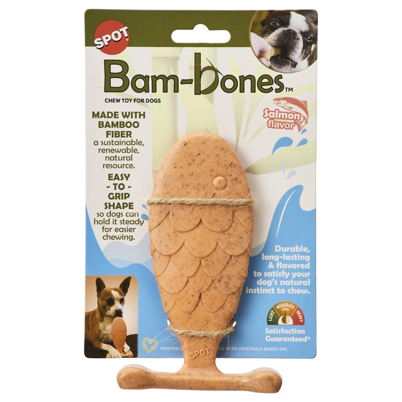 SPOT Bam-Bones Fish – Made with Strong Bamboo Fiber, Durable Long Lasting Dog Bone for Light to Moderate Chewers, Great Chew Toy for Adult Dogs & Teething Puppies under 30lbs, 5.5in, Salmon Flavor