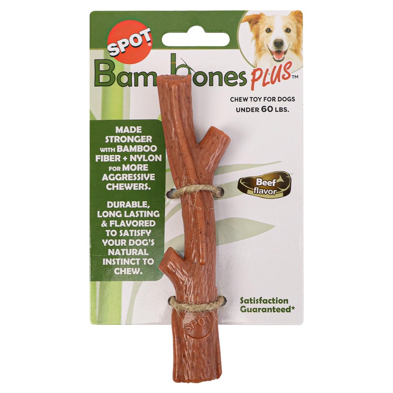 SPOT Bam-bones PLUS Branch -Bamboo Fiber & Nylon, Durable Long Lasting Dog Chew for Aggressive Chewers  Great Toy for Adult Dogs & Teething Puppies under 60lbs, Non-Splintering, 5.75in, Beef Flavor Medium