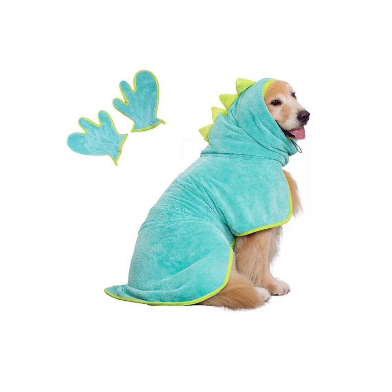 Super Soft Fast-Drying Dog Towel with Drying Gloves for Cold Weather, Beach, Pool – Adjustable Microfiber Bath Robe Set (2 pcs) for Cats and Dogs (XL, Blue Dino) X-Large