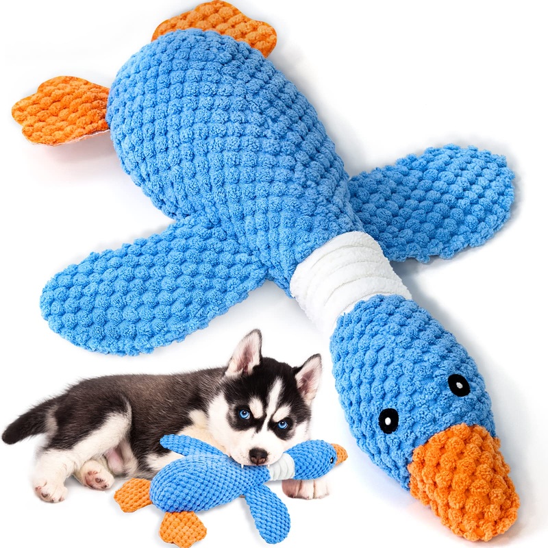 Vitscan Upgraded Goose Indestructible Dog Toys for Aggressive Chewers Small Medium Large Breed, Crinkle Squeaky Plush Dog Puppy Chew Toys for Teething, Duck Puppy Toys Blue goose – pineapple plush