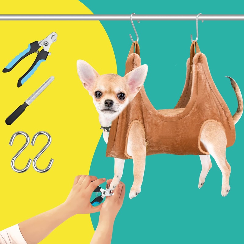 WSCXSC Dog Grooming Kit, Dog Grooming Supplies, Dog Grooming Hammock, Dog Grooming Harness, Dog Nail Clippers, Dog Nail Grinder, Hooks, Dog Hammock Kit for Nail Trimming/Hair Trimming(Coffee, XS) Coffee