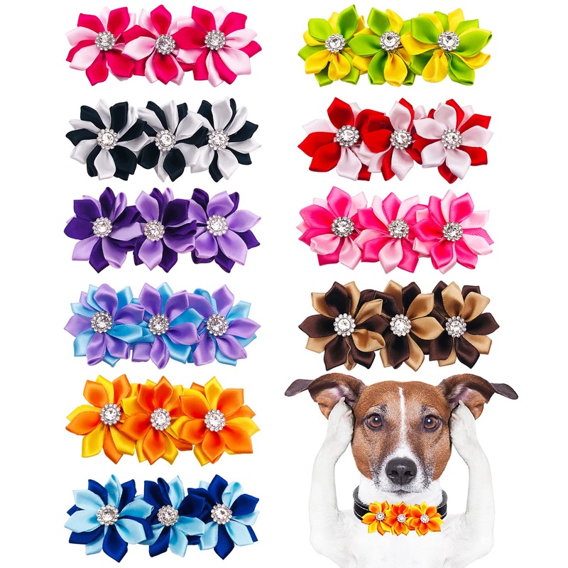 10 Pcs 4.4″ Flowers Small Dogs Collar Charms Multi-Color Puppies Cats Slides Bow Ties Rhinestones Collar Attachment Pet Wedding Birthday Costume Accessories for Medium Large Girl Boy