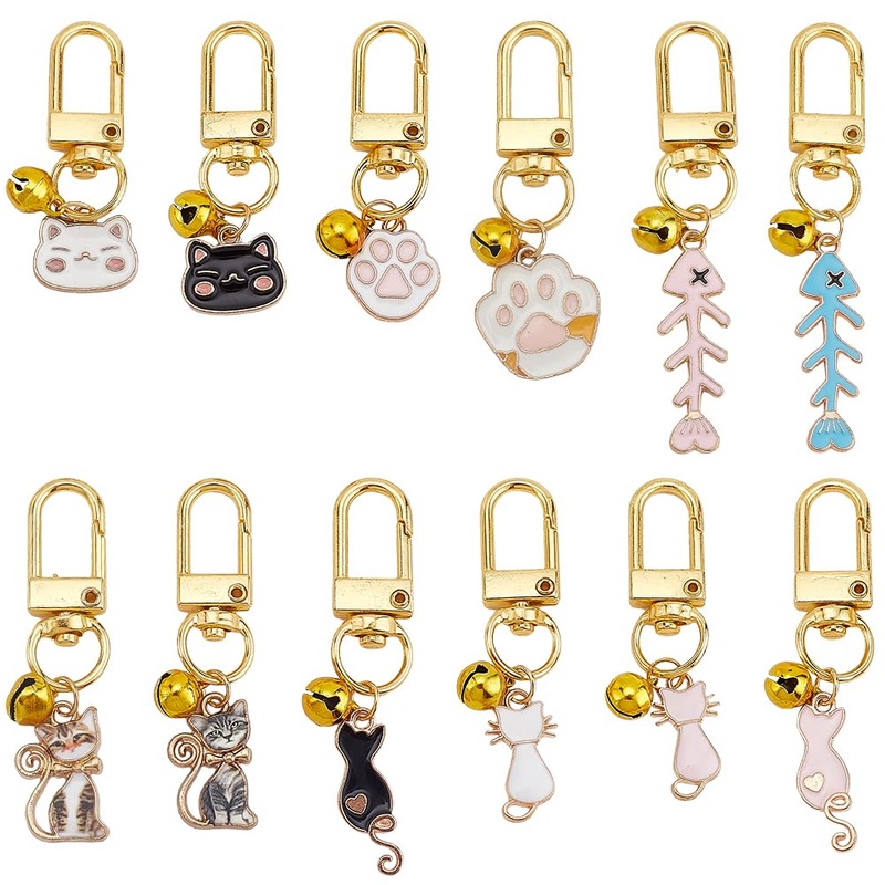 12pcs Cat Dog Collar Bells Charms, Pet Enamel Collar Bells Cat Fishbone Jewelry Bell Charms Cat Paw Alloy Collar Charm Bells for Cat Dog Rabbit Necklace DIY Keyring Pendants Bag Decor