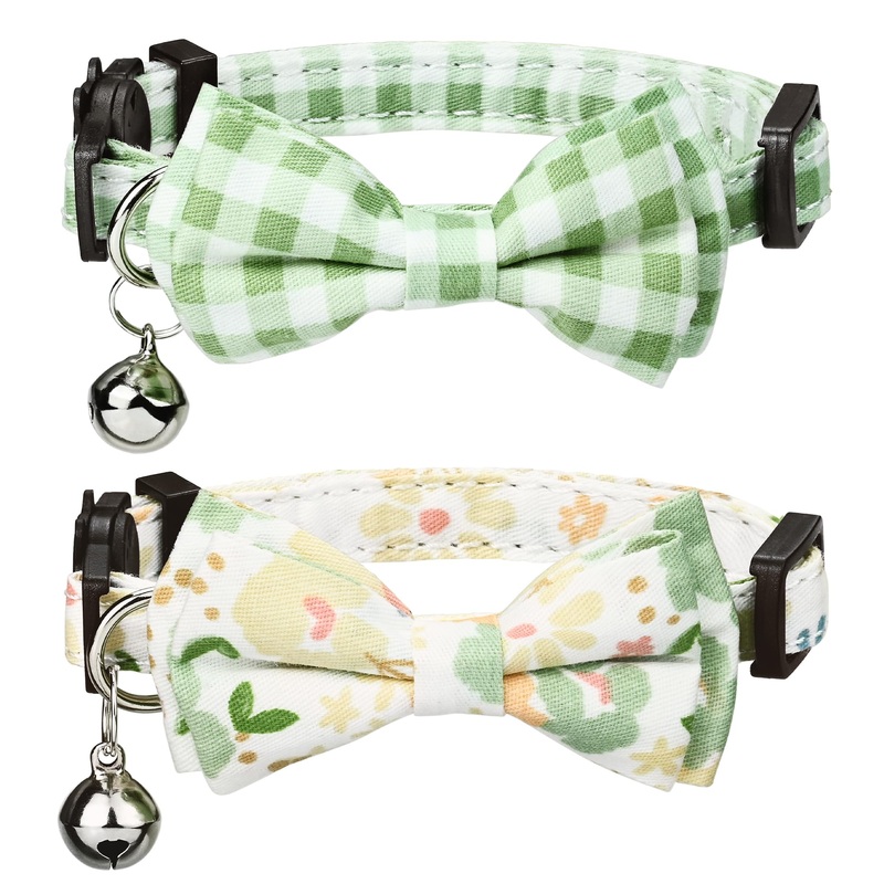 2 Pack Cat Collar Breakaway with Cute Bow Tie Bell Charm, Flower Plaid Collars for Girl Boy Cats Kittens with Adjustable Safety Buckle-Green Green 7.87-11.02 inches
