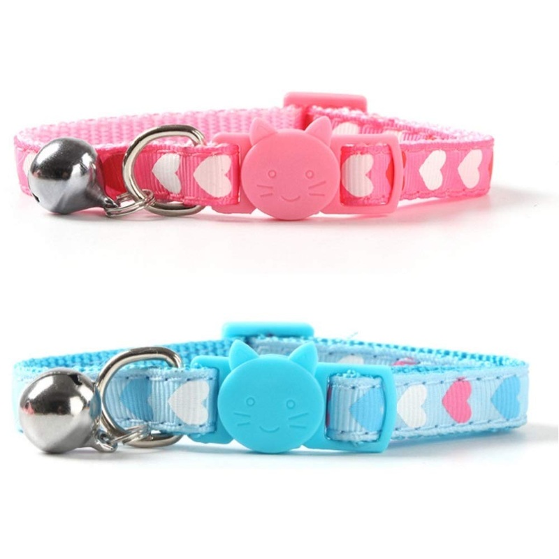 2Pcs/Pack Cat Safety Breakaway Collars Cat Kitten Cute Heart Pattern Printed Nylon Collars with Bell Birthday Valentine Dressup Collar Charm for Cat Kitten, Pink+Blue