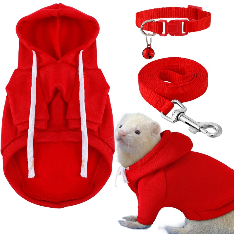 3 Pcs Ferret Accessories Soft Ferret Sweatshirt Safe Bell Collar Ferret Harness and Leash Set for Hamster Guinea Pig Chinchilla Teacup Chihuahua (Red) Red