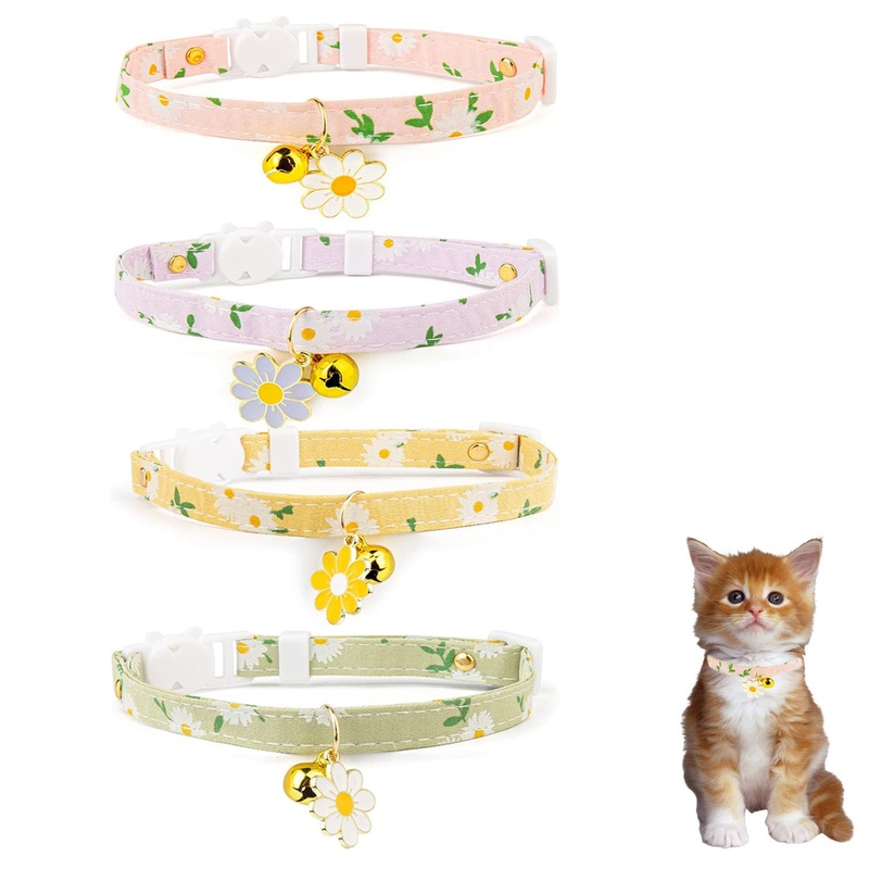 4 Pack Cotton Breakaway Cat Collar with Bell,Safety Adjustable Cat Collars Set with Flower Pendant,Ideal for Girl Cats Boy Cats Daisy