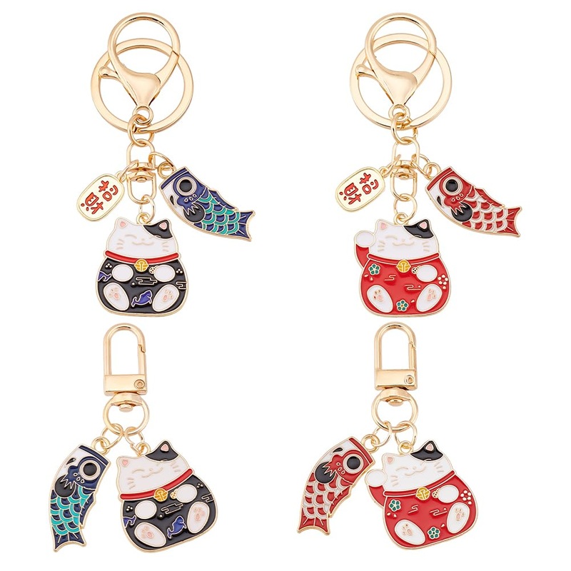 4 Pcs 4 Styles Lucky Cat Keychains, Flat Lucky Cat Charms Japanese Style Alloy Hanging Kitty Pendants for Car Bag Hanging Ornaments