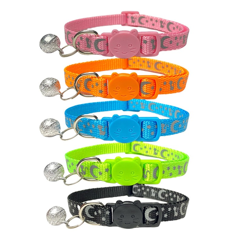 5PCS Reflective Cat Collars Breakaway with BellMoon Reflections Cat Collar with Bells Girl Boy Pet Kitten CollarPet Supplies StuffAccessoriesAdjustable 7.87-13 InchMade of Durable Nylon Fabric