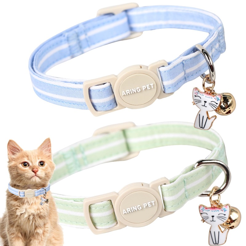 ARING PET 2 Pack Cat Collar-Cute Cotton Cat Collar with Bell & Pendant, Adjustable Blue Green Striped Kitten Collars with Safety Buckle for Girl and Boy Pets blue&green striped