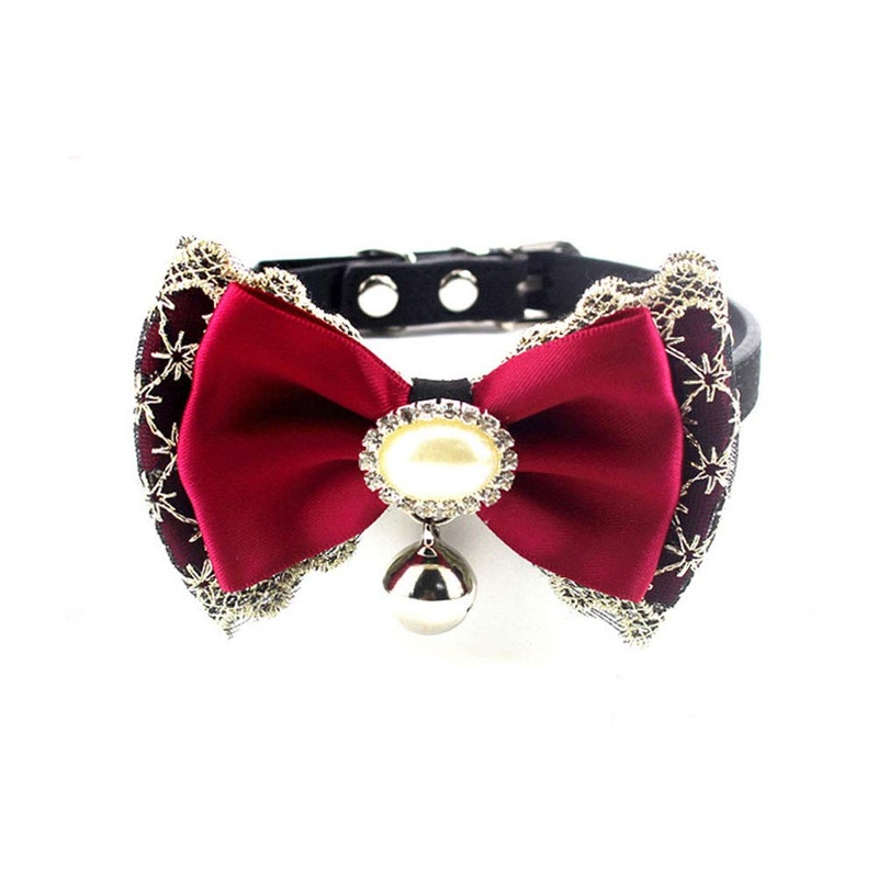 Bling Rhinestone Lace Bow Tie Cat Dog Collar with Bell for Small Dogs Female Kitten – Chihuahua Yorkie Clothes Accessories Costume Outfits, Adjustable and Handmade (Red Lace, Size M) Red Lace