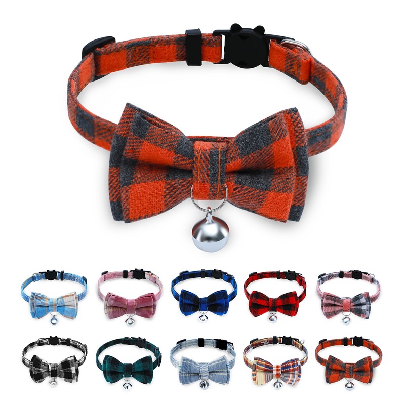 Breakaway Cat Collar with Cute Bow Tie and Bell, BuntyJoy Cat Collars for Girl Cats and Boy Cats, Safety Kitten Collars, Stylish Plaid Patterns, Orange, Pack of 1 7-11” (pack of 1) 1pc Orange