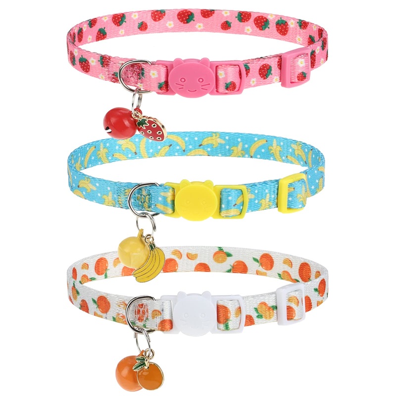 Breakaway Cat Collars with Bell & Cute Pendants, 3 Pack Adjustable Safety Kitten Collars for Girl Boy Cats Puppy and Small Pets Fruit